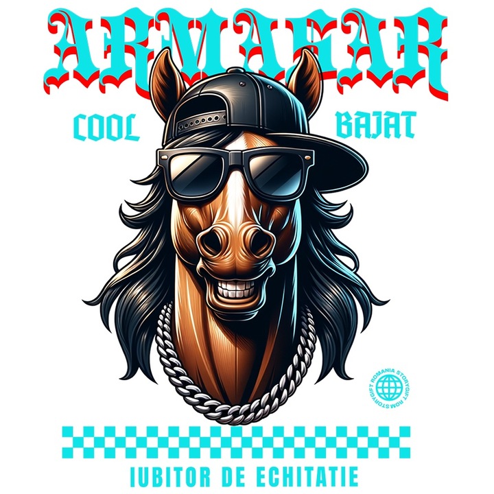 Sticker Adeziv armasar cool cu ochelari de soare si sapca iubitorii de cai cu Margini Albe, PVC Vinyl 90 cm