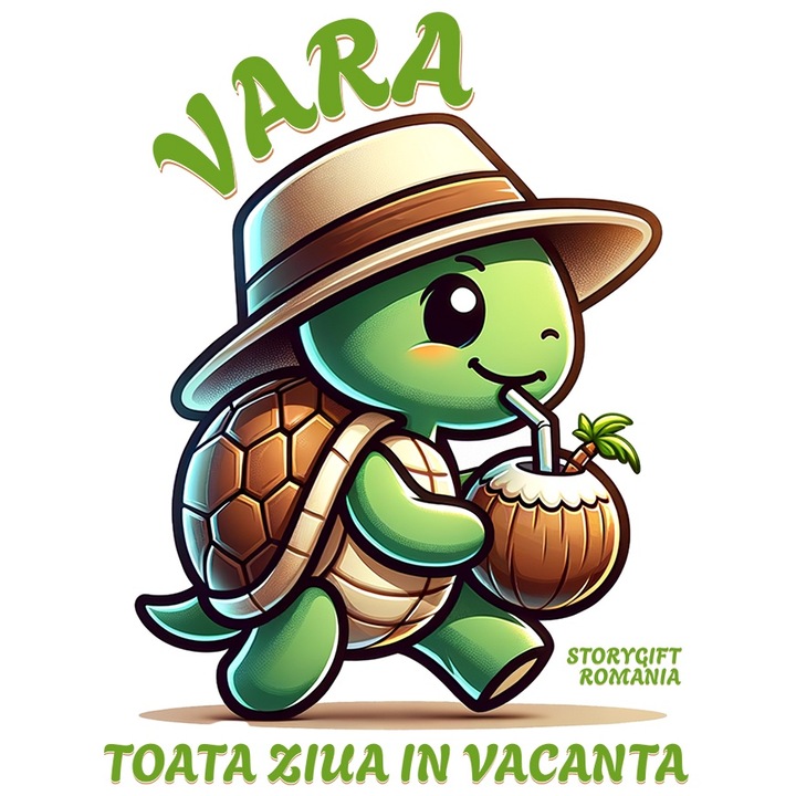 Sticker Adeziv Broasca testoasa Cu Palarie si Nuca De cocos Text Vara Toata Ziua In Vacanta cu Margini Albe, PVC Vinyl 23 cm