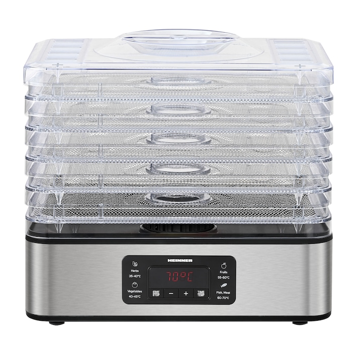 Дехидратор за храна Heinner DryMaster Pro HFD-K400SS, 200-400, 5 тави от неръждаема стомана, Електронно управление, LED дисплей, Таймер, Обхват 35-70°C