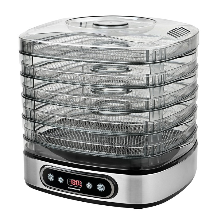 Deshidrator de alimente Heinner FreshDehydrate HFD-K380SSBK, 320-380W, 5 tavi inox, control electronic, display LED, timer, interval 35-70°C