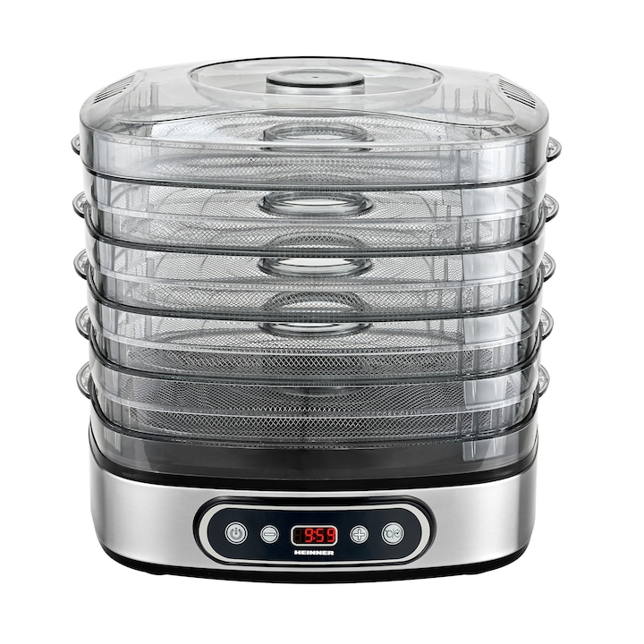 Deshidrator de alimente Heinner FreshDehydrate HFD-K380SSBK, 320-380W, 5 tavi inox, control electronic, display LED, timer, interval 35-70°C