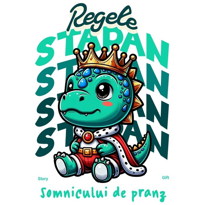 Sticker Adeziv regele stapan dinozaur cu coroana somnic pranz cu Margini Albe, PVC Vinyl 70 cm