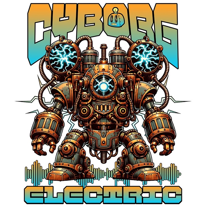 Sticker Adeziv Robot copii desene animate Cyborg electric cu Margini Albe, PVC Vinyl 10 cm