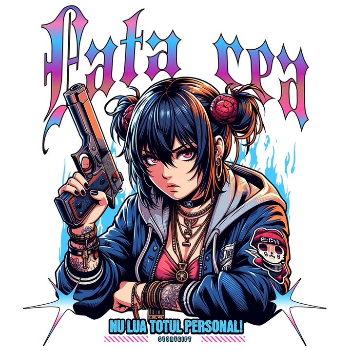 Sticker Adeziv Fata Stil Anime Cu Pistol Text Fata REa NU Lua Totul Personal cu Margini Albe, PVC Vinyl 90 cm
