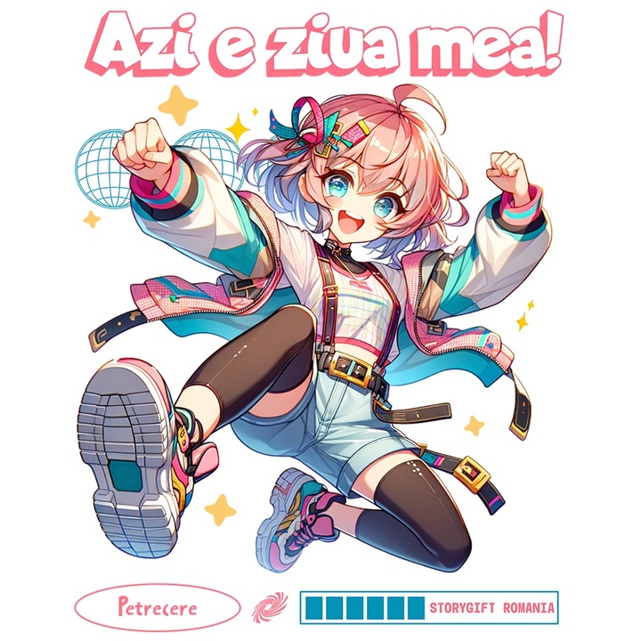 Sticker Adeziv Fata stil anime vesela text Azi e ziua mea! Aniversare cu Margini Albe, PVC Vinyl 10 cm