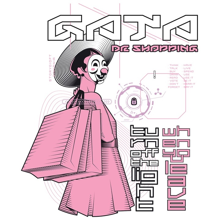 Sticker Adeziv Femeie Cu Masca de Clovn Si Pungi De Shopping cu Margini Albe, PVC Vinyl 90 cm