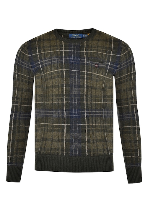 Мъжки пуловер, Polo Ralph Lauren, вълна, шарка каре, обло деколте, каки