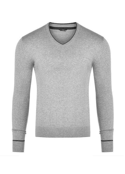 Férfi pulóver, GUESS, pamut, hosszú ujjú, V-nyakú, szürke