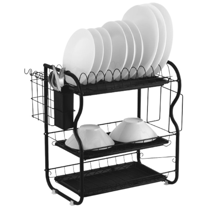Uscator de vase DacEnergy©, trei niveluri, cu tava de uscare, suport pentru tacamuri, picioare anti-alunecare, 53 x 25 x 45 cm, negru