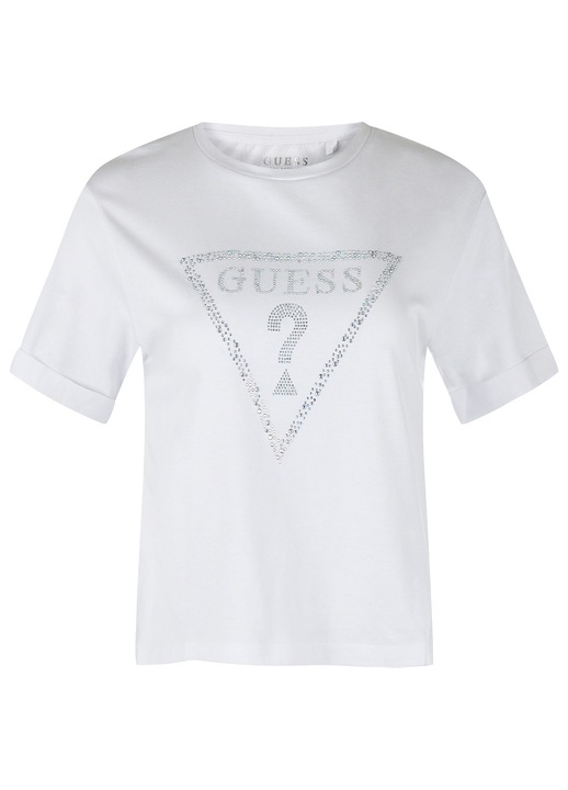 Дамска тениска GUESS, бяла, памучна, с камъни, Бял