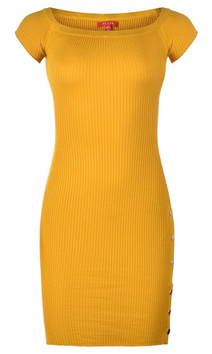 Рокля GUESS Mylan, жълта, синтетична коприна, прилепнала кройка, леко еластична, M INTL