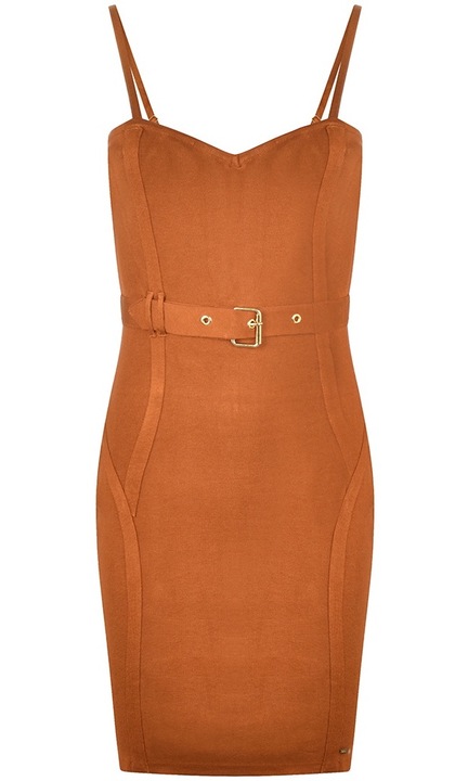 Рокля GUESS Rafiki, slim fit, еластична, кафява, изкуствена коприна