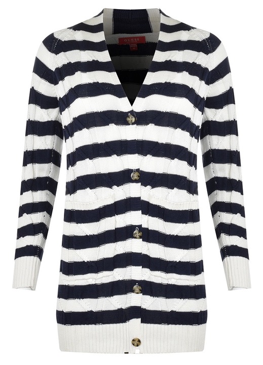 Дамски пуловер Guess, Памук/Вискоза, С копчета, Бял/Тъмносин