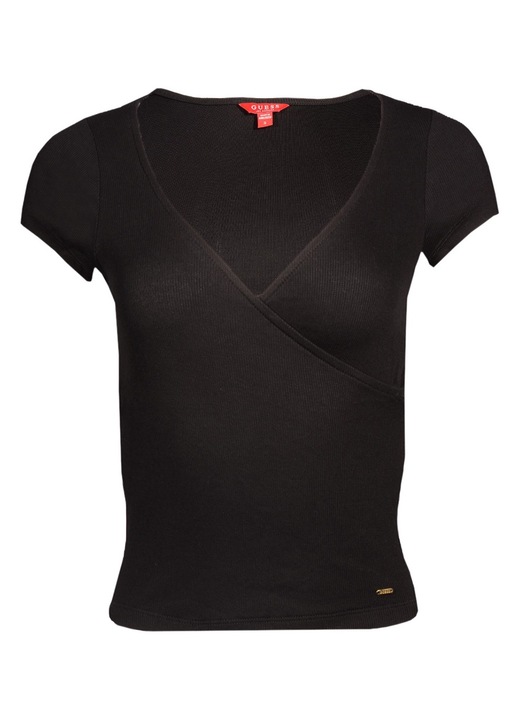 Női póló, GUESS, fekete, vékony szabású, pamut-viszkóz anyagú, arany fém díszítéssel