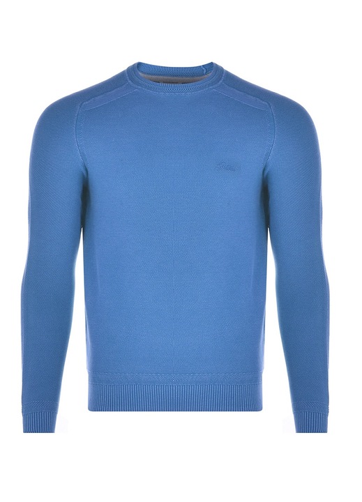 Férfi pulóver, GUESS, hímzett logó, pamut/elasztán, kék