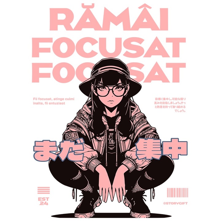 Sticker Adeziv Ramai focusat. urban femeie stil anime desene cu Margini Albe, PVC Vinyl 90 cm