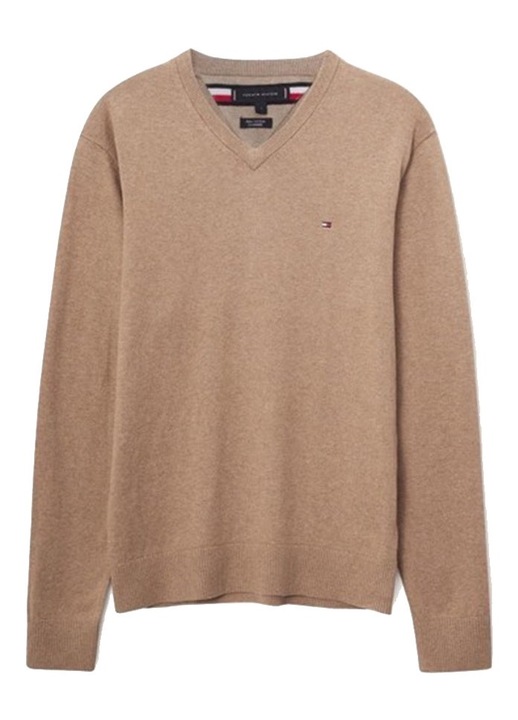 Férfi pulóver, Tommy Hilfiger, pamut/kasmír, V-nyakú, hímzett logó, bézs