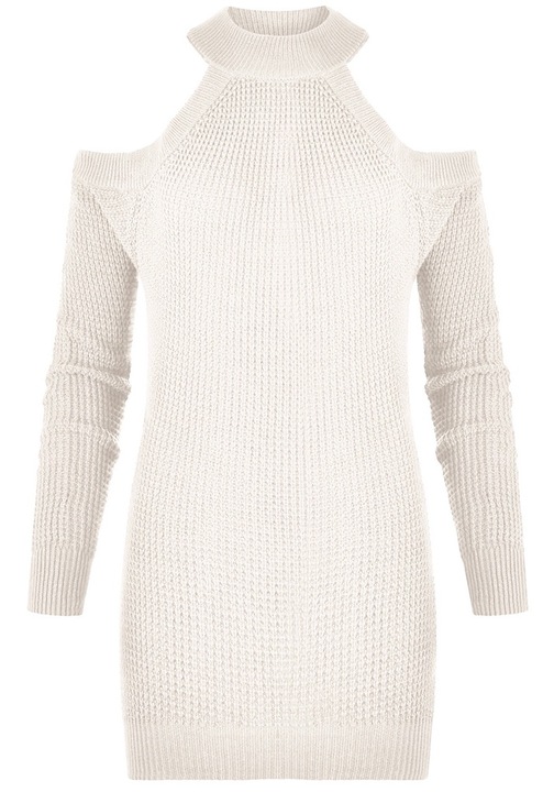 Рокля с изрези на раменете GUESS трико, памук/акрил, кремаво