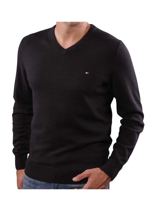 Férfi pulóver, Tommy Hilfiger, E0 TH CLASSIC V.NK, fekete, 100% pamut, S INTL