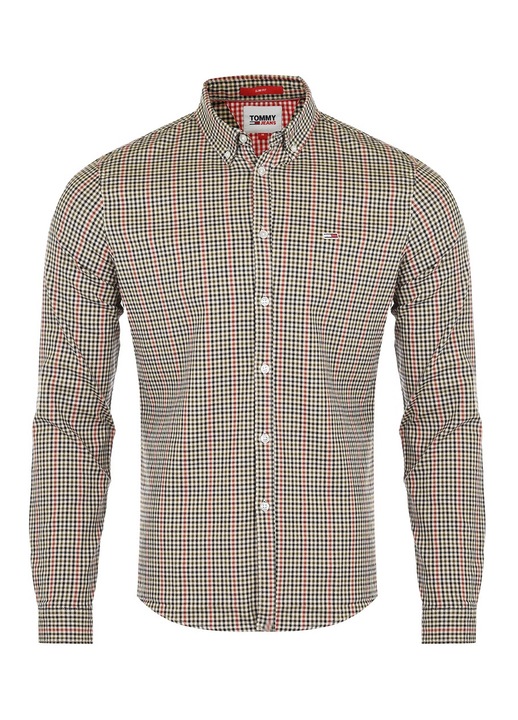 Риза за мъже, Tommy Jeans, модел каре, бродирана, кафява, памук, S INTL