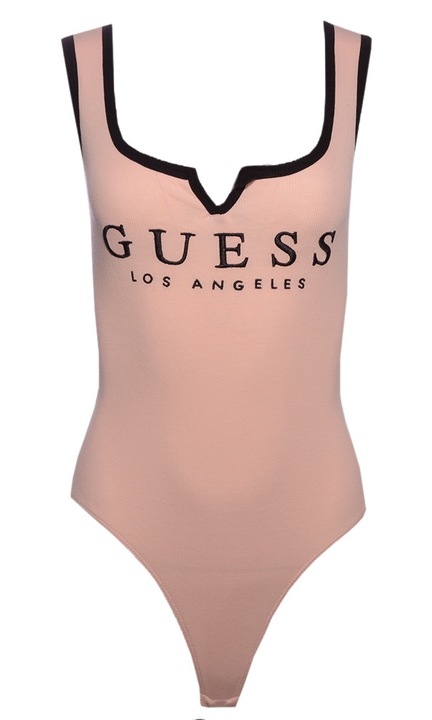 Боди GUESS, пудрово розово, памук-еластан, прилепнала кройка, обло деколте