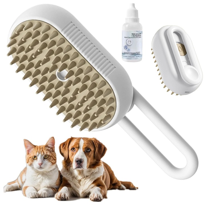 Perie de abur 3 In pentru animale de companie, Axroad Mall, Dozator incorporat cu pulverizare si ulei esential, Incarcare USB, Instrument de ingrijire pentru indepartarea incurcaturilor si a parului slabit, Alb