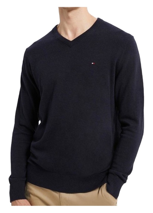 Férfi pulóver, Tommy Hilfiger, sötétkék, pamut/kasmír, V-nyakú, hímzett logó