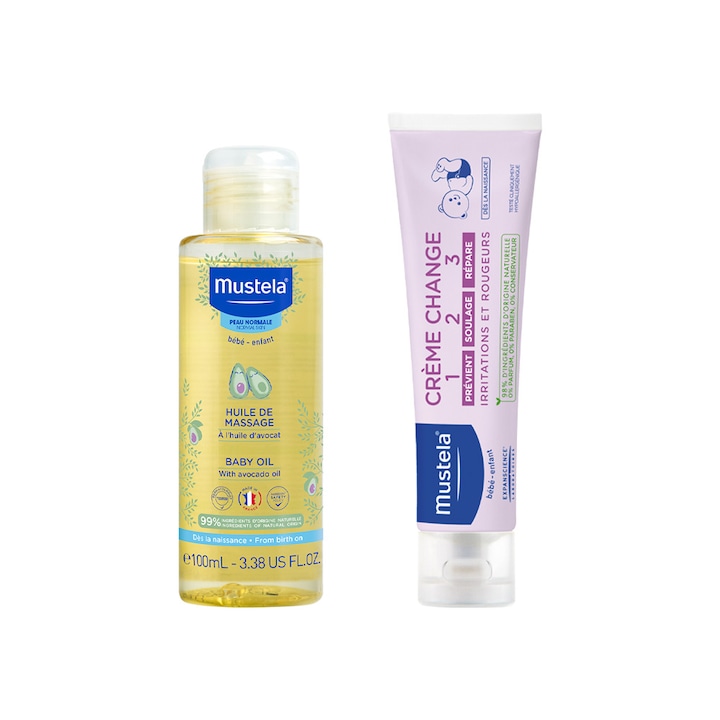 Комплект Mustela Baby Essential, Масажно олио 100 мл, Защитен крем с витамини 50 мл