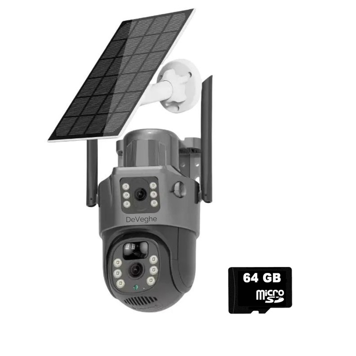 Камера за наблюдение DeVeghe GS20 4G двойна, 6MP, със 7.5W соларен панел, 8000mAh батерия, 8x цифрово увеличение, детектор на движение, известия, микрофон, високоговорител, V380 Pro приложение, сива + 64GB карта памет