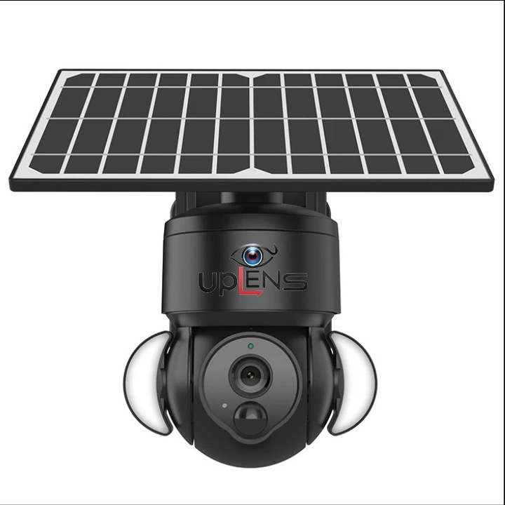 Camera de supraveghere UpLens, 4MP, Conexiune WiFi, Acumulator incorporat 8000 mah, Panou solar, Micro SD, Full Color Night Vision, Functie PIR cu unghi de detectie 120°, Unghi PTZ, Comunicare bidirectionala, Rotire automata, IP66, Negru