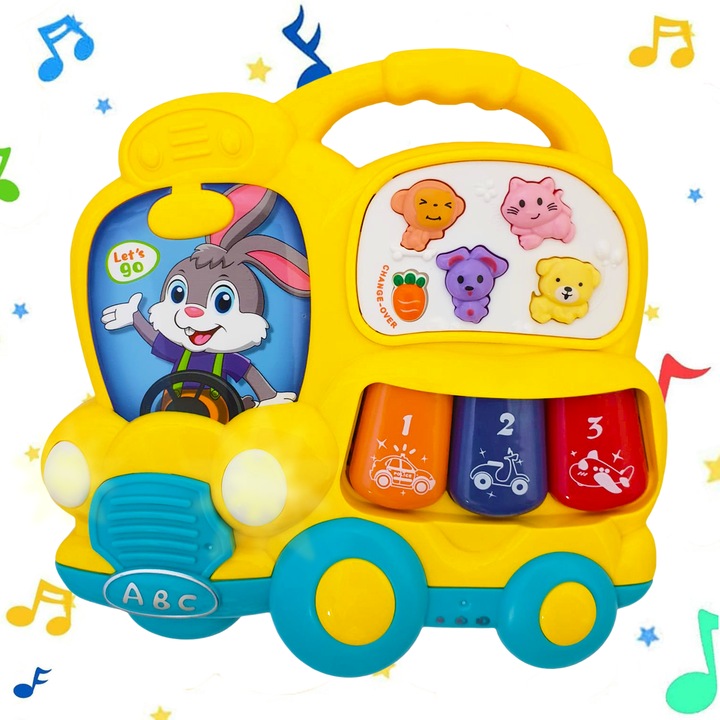 Jucarie interactiva muzicala cu functii si lumini, Mini orga Autobuz RCO®, 15 x 15 cm, +12 luni, WW7024