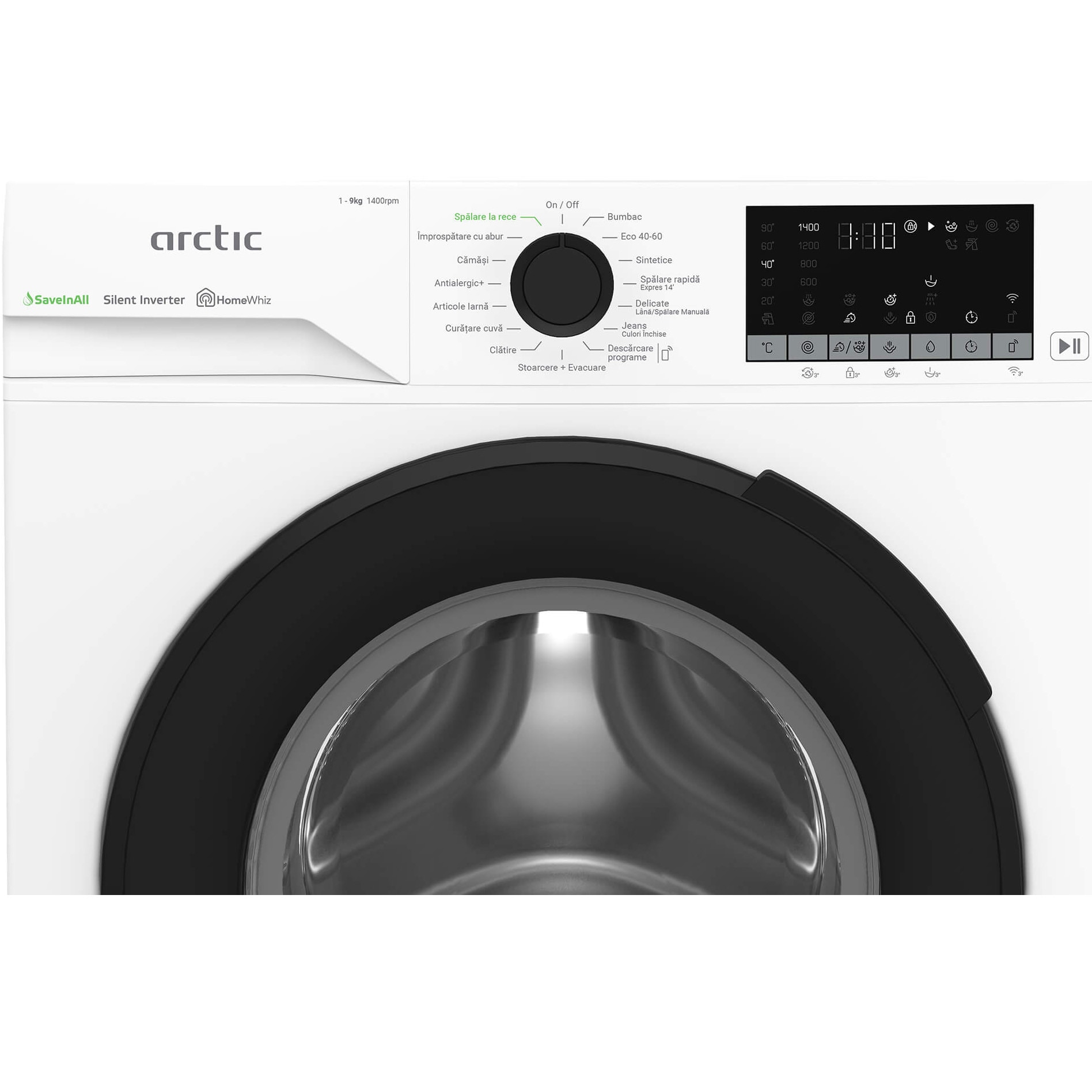 Masina de spalat rufe Arctic APLM3WFSU39212W, 9 Kg, 1400 RPM, Motor Silent Inverter, Drum Clean+Steam, Child Lock, Anticrease, Digital Display, Add-In, Clasa A, Alb