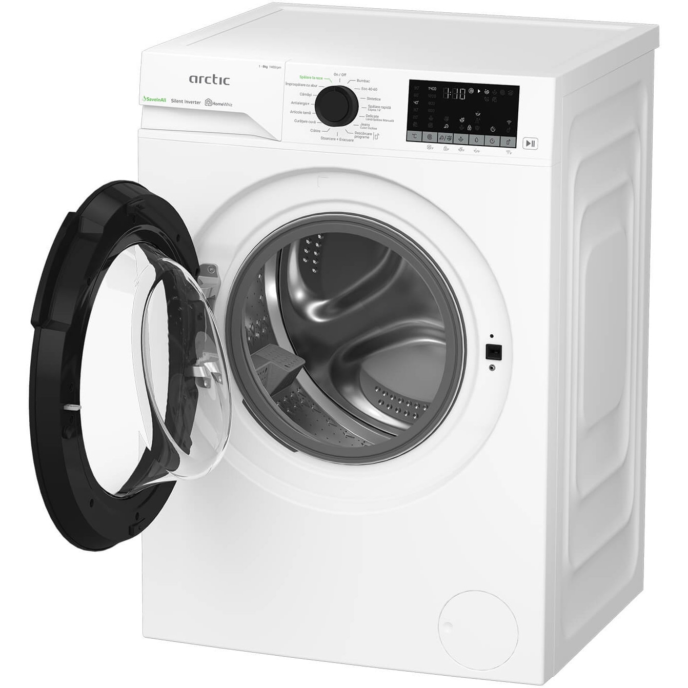 Masina de spalat rufe Arctic APLM3WFSU38412W, 8 Kg, 1400 RPM, Motor Silent Inverter, Drum Clean+Steam, Child Lock, HomeWhiz, Digital Display, Add-In, Clasa A, Alb