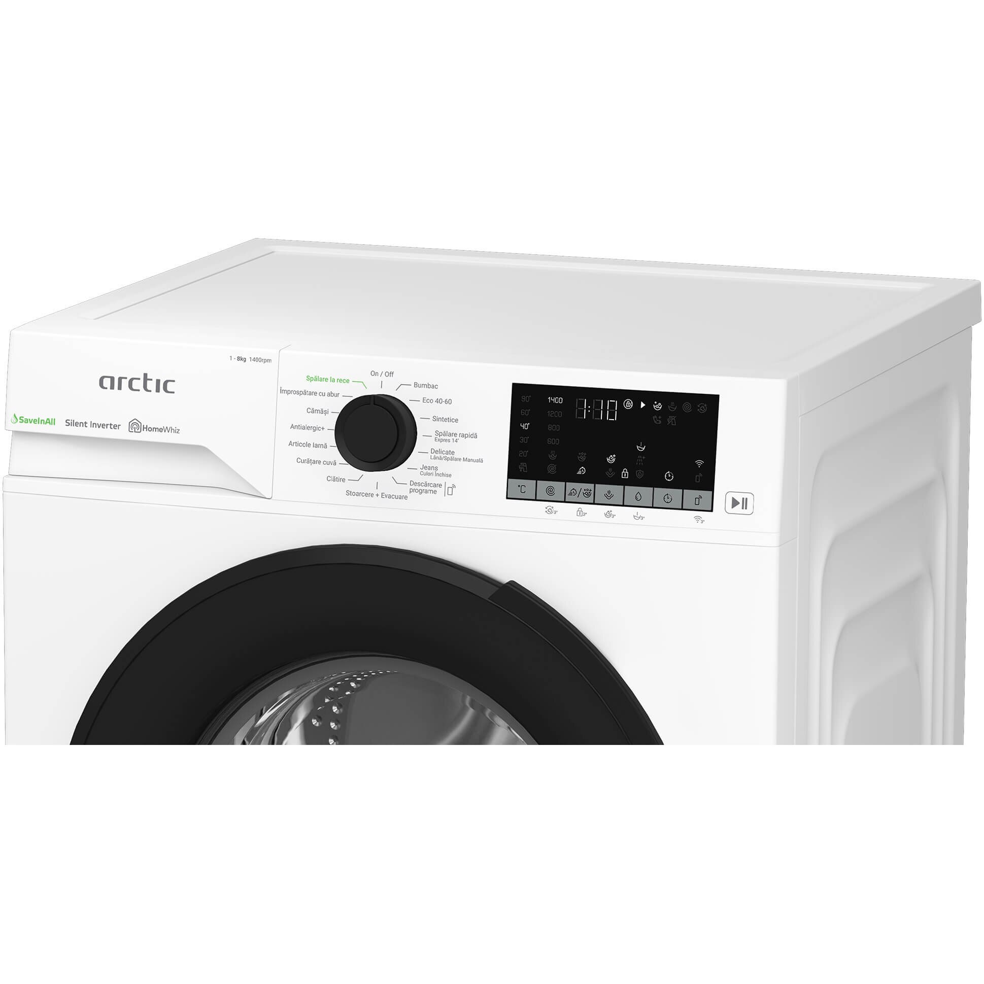 Masina de spalat rufe Arctic APLM3WFSU38412W, 8 Kg, 1400 RPM, Motor Silent Inverter, Drum Clean+Steam, Child Lock, HomeWhiz, Digital Display, Add-In, Clasa A, Alb