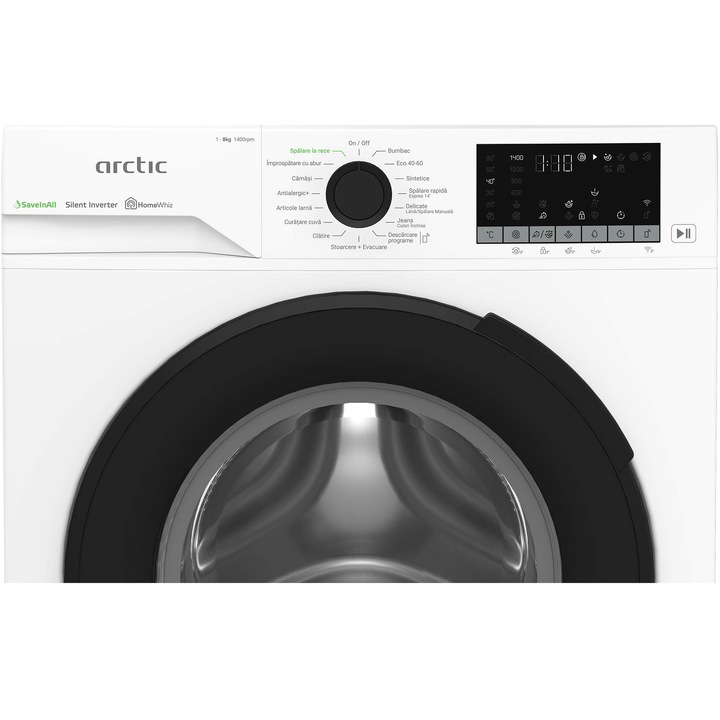 Masina de spalat rufe Arctic APLM3WFSU38412W, 8 Kg, 1400 RPM, Motor Silent Inverter, Drum Clean+Steam, Child Lock, HomeWhiz, Digital Display, Add-In, Clasa A, Alb