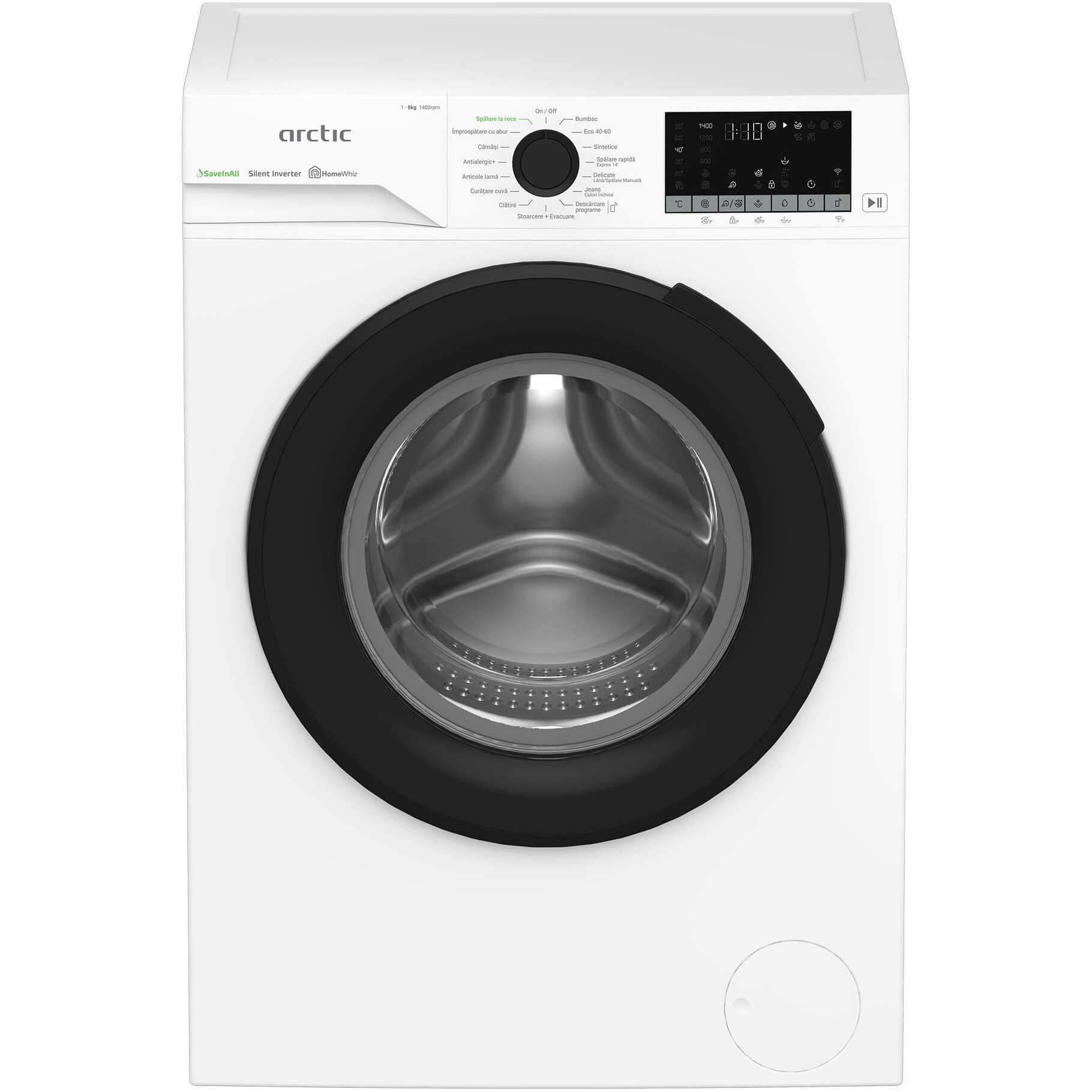 Masina de spalat rufe Arctic APLM3WFSU38412W, 8 Kg, 1400 RPM, Motor Silent Inverter, Drum Clean+Steam, Child Lock, HomeWhiz, Digital Display, Add-In, Clasa A, Alb
