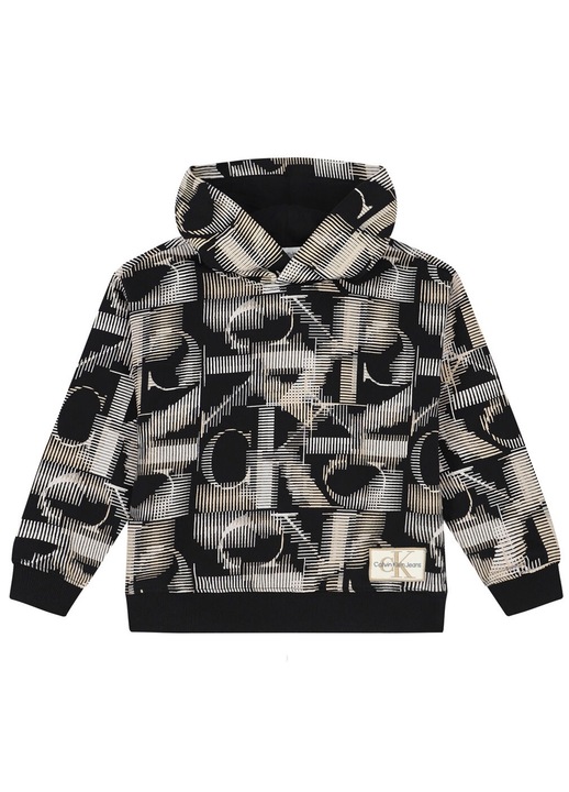 Детски суичър CALVIN KLEIN, черен, памук, щампа, с качулка