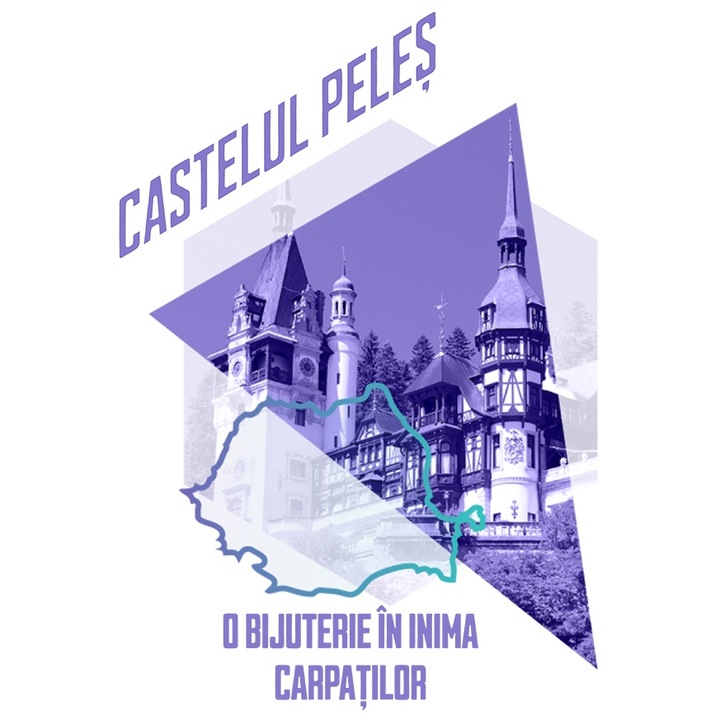 Sticker Adeziv castelul peles o bijuterie in inima carpatilor cu Margini Albe, PVC Vinyl 40 cm