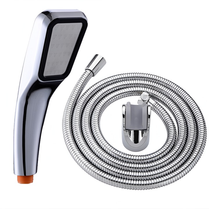 Set Para de Dus cu Accesorii, Placa din Inox, Modern, Suport de Prindere, Furtun 1/2", Argintiu