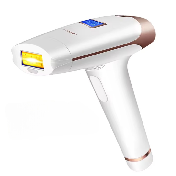 IPL OCPro® епилатор, за трайно обезкосмяване, без болка, 5 нива на интензитет, за жени и мъже, кожен сензор, автоматичен режим, с цифров дисплей 2 100 000 импулса, Бял