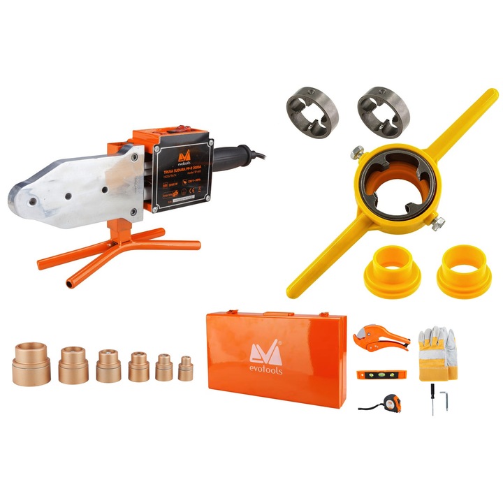 Trusa sudura pentru lipire tevi si fitinguri PPR, EvoTools 2000A EPTO, 20 - 63 mm, 2000 W + Set de filetare tevi PVC, 1/2-3/4-1