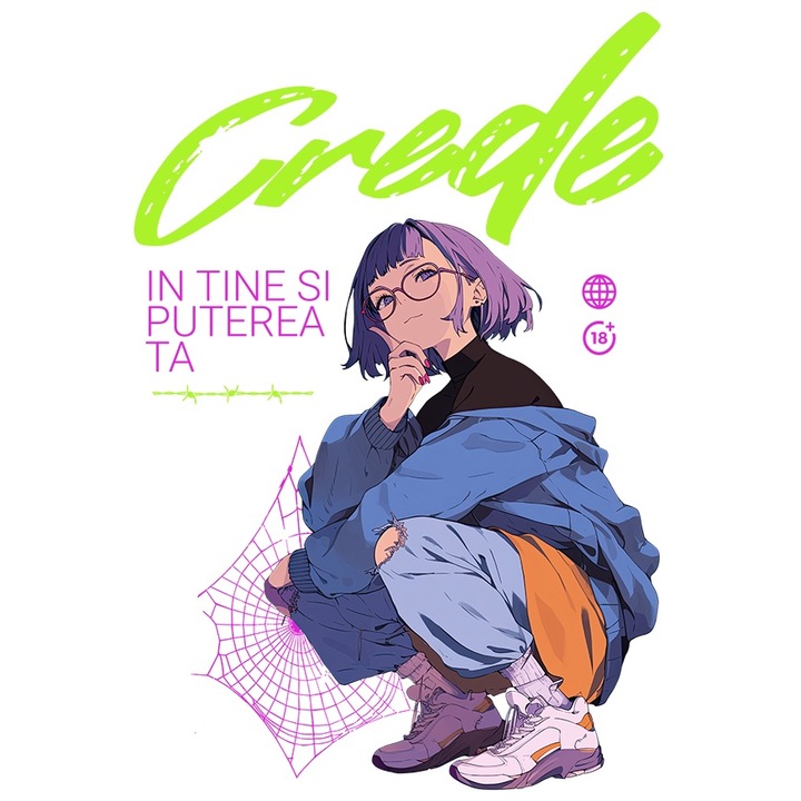 Sticker Adeziv Fata stil anime mesaj motivational Crede in tine si puterea ta cu Margini Albe, PVC Vinyl 90 cm