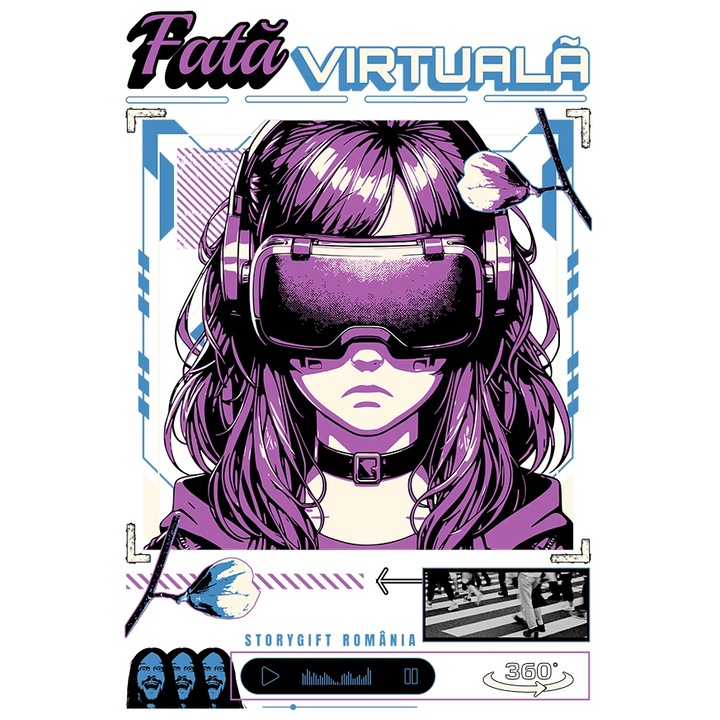 Sticker Adeziv Fata virtuala stil anime ochelari VR jocuri video cu Margini Albe, PVC Vinyl 90 cm