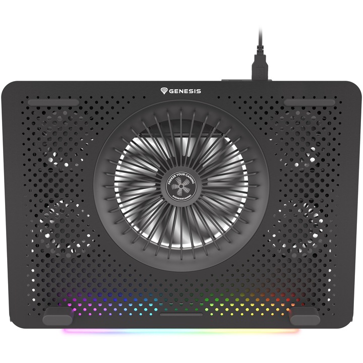 Cooler Laptop Genesis OXID 450, Max. 15.6", Cooling Pad 5 Ventilatoare, Flux de Aer 70 CFM, Unghi Ajustabil 5 Pozitii, Iluminare LED RGB, Suport Telefon Detasabil, Negru