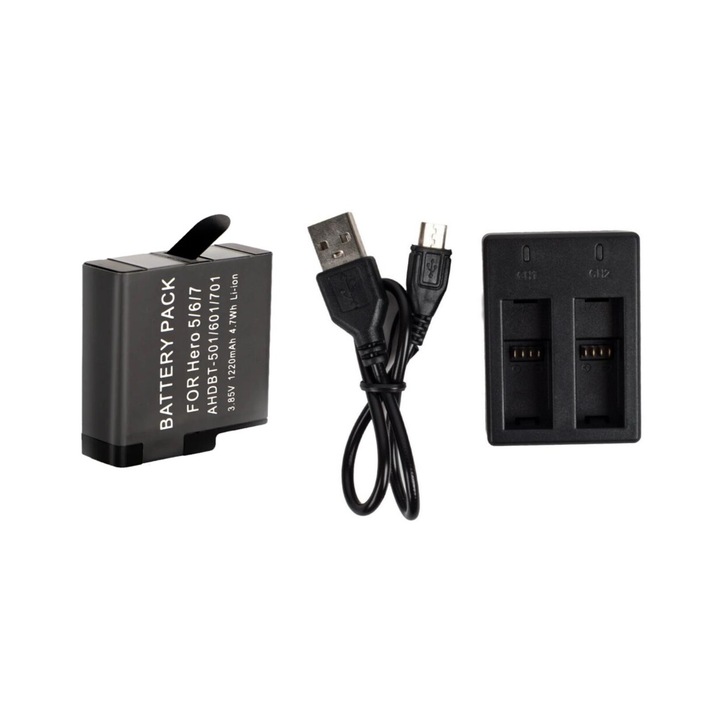 Комплект 1 х зарядно с два слота и 1 х батерия 1220 mAh, за GoPro Hero 5, 6, 7, заедно с кабел, AHDBT 501