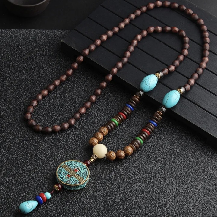Colier lucrat manual Nepal budist Mala Budist Boho etnic, pandantiv turcoaz, margele lemn, saculet catifea
