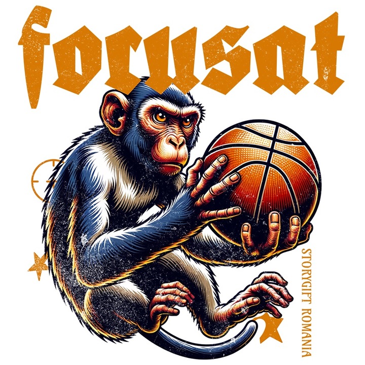 Sticker Adeziv Maimuta jucand baschet text motivational FOCUSAT cu Margini Albe, PVC Vinyl 23 cm