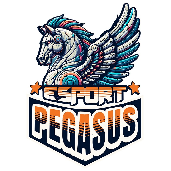 Sticker Adeziv Pegasus Esports simbol unicorn robot colorat cu Margini Albe, PVC Vinyl 28 cm