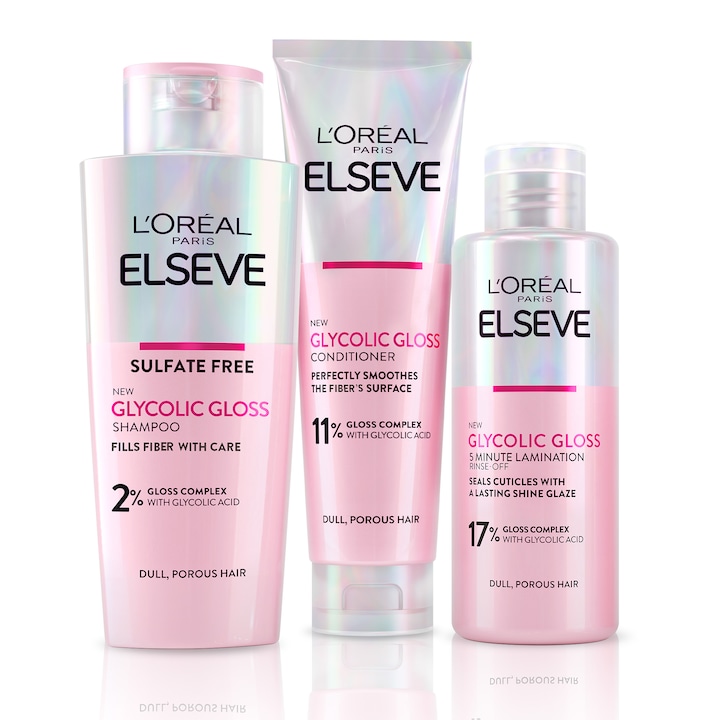 Комплект грижа за косата L'Oreal Paris Elseve Glycolic Gloss: 1 x Шампоан, 2% гликолова киселина, 200 мл + 1 x Балсам, 11% гликолова киселина, 150 мл + 1 x Крем за лечение, 17% гликолова киселина, Изисква изплакване, 200 мл
