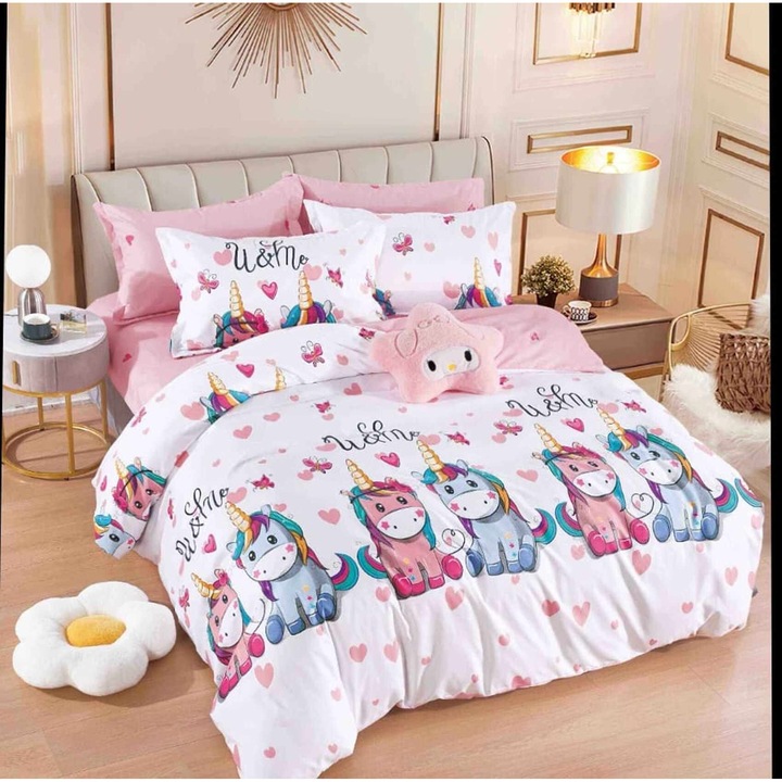 Двойно спално бельо с ластик, 6 части, 2 лица, 180x200 см, Finet Superior, щампа многоцветен еднорог